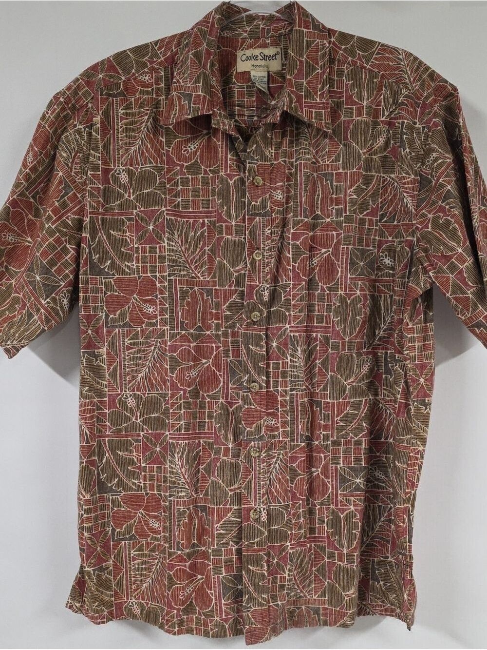 Cooke Street Honolulu Reverse Print Red & Brown Floral Geometric Shirt, Size XL